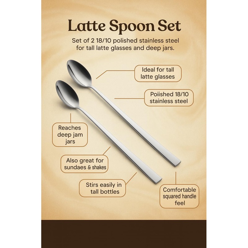 2 x Long Handled Teaspoons Spoons Latte Coffee18/10 Polished Stainless