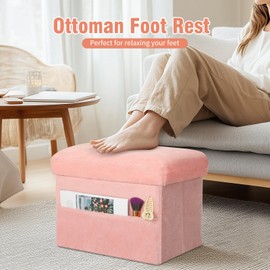 FaiPue Storage Ottoman, Folding Ottoman Foot Rest Stool with Thicker Furry Padded Seat. Soft Fur Small Ottoman Bench with Storage for Bedroom Living Room, Holds Up to 300 lbs, 16.5x12.6x12.6IN (Pink)