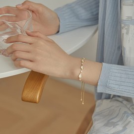 HUWODY 14K Gold Plated Bolo Bracelet for Women Cat Eye Stone Bracelet Adjustable 5.5"-10.5"