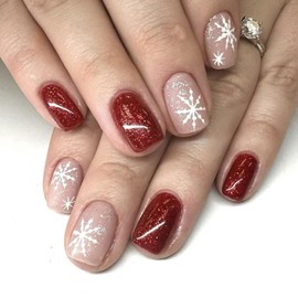 Short Press on Nails Square Fake Nails with snowflake Designs Red Nails Press ons Glossy Glue on Nails Winter Acrylic Nails Artificial Stick on Nails for Women Girls 24Pcs