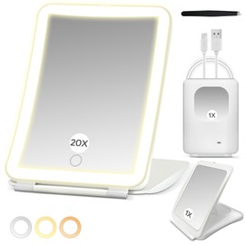 PEDOMIROR 3 in 1 20X/1X Travel Lighted Makeup Mirror with Magnification, Portable Magnifying Mirror with Rechargeable 1000mAh Battery, 3 Colors Dimmable Lighting LED Folding Cosmetic Vanity Mirror