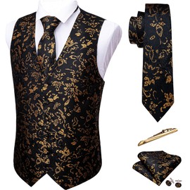 Barry.Wang Mens Black Gold Flower V-neck Suit Vest Formal/Leisure Silk Waistcoat Tie Set 5PCS