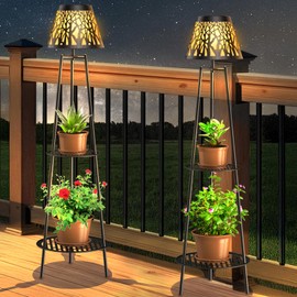 Candieslife 2 Pack Outdoor Solar Lights with Plant Stands, 45.5" Metal Solar Floor Lamps Waterproof Garden Lights for Patio Deck Yard Garden Porch Backyard Decor (Bronze)