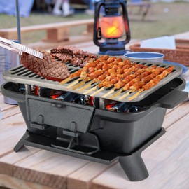 HAPPYGRILL Cast Iron Charcoal Grill, Portable Hibachi Grill with Grill and Grate Hooks, Tabletop Japanese BBQ Grill for Outdoor Camping, Picnic, Parties and Travelling