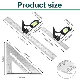 Square Carpentry Metal Set, 3Pcs Combination Square Tools with Bubble Level, 150mm + 300mm + 7 Inch Multifunctional Right Angle Ruler Set Measuring Tools for Woodworking Engineers Woodworkers