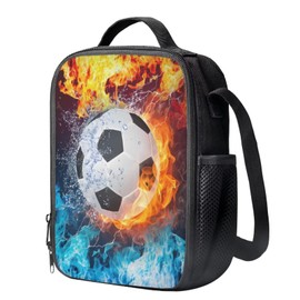 chaqlin Fire Football Lunch Box for Kids Boys School Lunchbag Insulated Lunch Food Container Teens Adult Work Bags Travel Picnic Lunch Tote Bags with Bottle Pocket Sport Soccer School Lunchbox