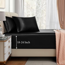 VACVELT 3pcs Extra Deep Pocket Satin Fitted Sheet Set Cal King Bed Set, Black Bottom Sheet Fit 18-24 Inch Deep Pocket Mattress, Silky Bedding Set Soft & Ultra Deep Fitted Sheet & 2 Pillowcase