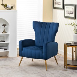 Container Furniture Direct Modern Velvet Accent Chair, Channel Tufted Bedroom, Office or Living Room Furniture with Elegant Metal Legs, 26" Wide Armchair, Blue