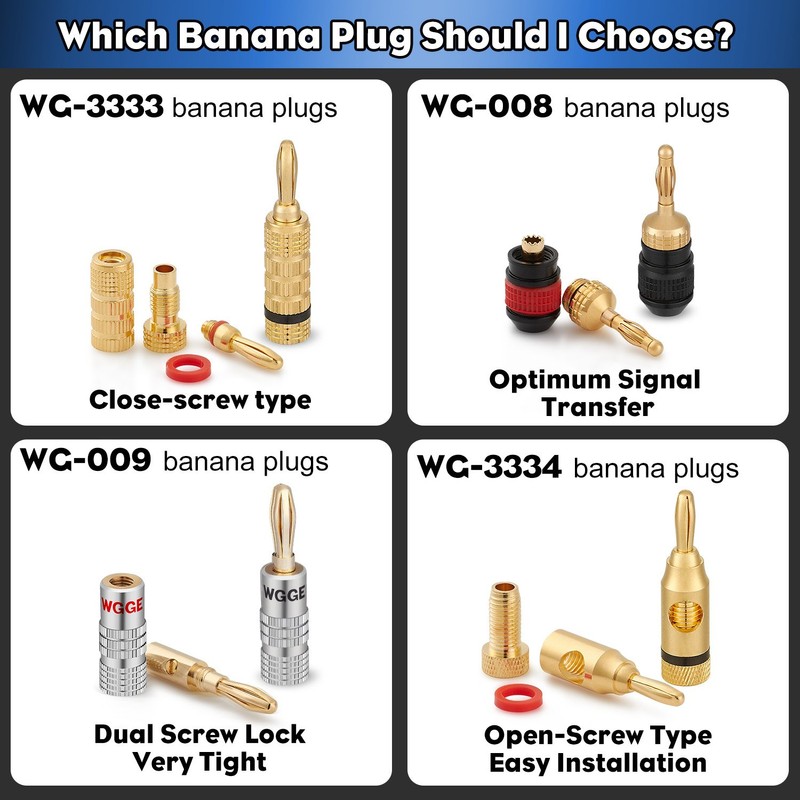WGGE WG-009 Banana Plugs Audio Jack Connector, 24k Gold Dual