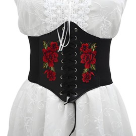 Rose Embroidery Waist Belt Corset Top Women Strap PU Corsets French Court Dark Series Match Shirt/Dress/Decoration/Waist cinching (Black)