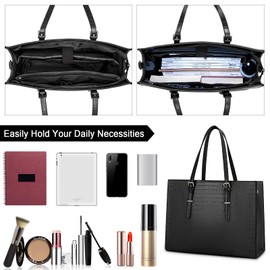 Laptop Bag for Women 15.6 Inch Laptop Tote Bag Leather Classy Computer Briefcase for Work Waterproof Handbag Professional Shoulder Bag Women Business Office Bag Large Capacity Black