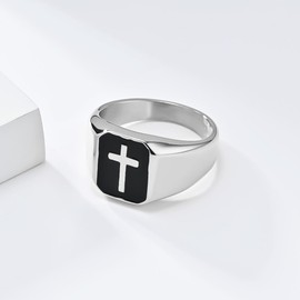 PAMTIER Men's Stainless Steel Vintage Unique Square Cut 15mm Cross Crucifix Biker Ring Comfort Fit Silver Size 9