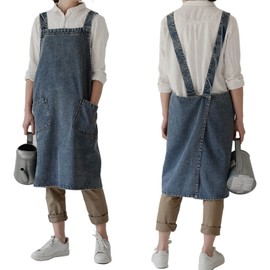 NEWGEM Cotton Denim Cross Back Apron Jean with Pockets for Women Men Chef Kitchen Cooking Gardening Navy Blue