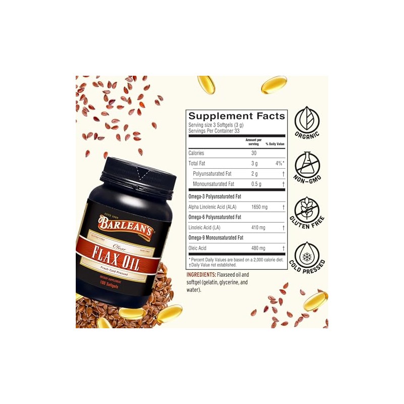Barlean's Organic Oils Fresh Flax Oil Softgels, 100 Count Bottle