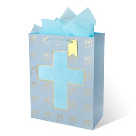 Rotel Blue Gift Bag Cross Design with Tissue Paper for Baby Boy Baptisms,Christenings,Baby Shower,First Communions Dedication Gifts for Religious Catholic Occasion- 10" x 5" x 13"