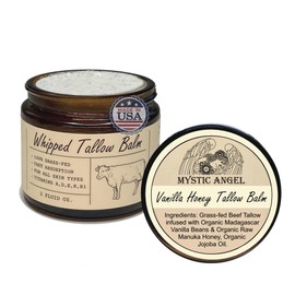 Grass-fed Tallow Balm with Organic Manuka Honey Infused with Organic Madagascar Vanilla Beans - Whipped All-Natural Moisturizer for Eczema, Baby, Sensitive Skin – Made in the USA (2 Fl. Oz., Vanilla)