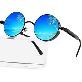 AIEYEZO anteojos de sol redondas Steampunk para hombres y mujeres, anteojos góticas clásico, marco de metal, lente 100% con bloqueo UV, Negro/Azul Hielo Espejo, MM