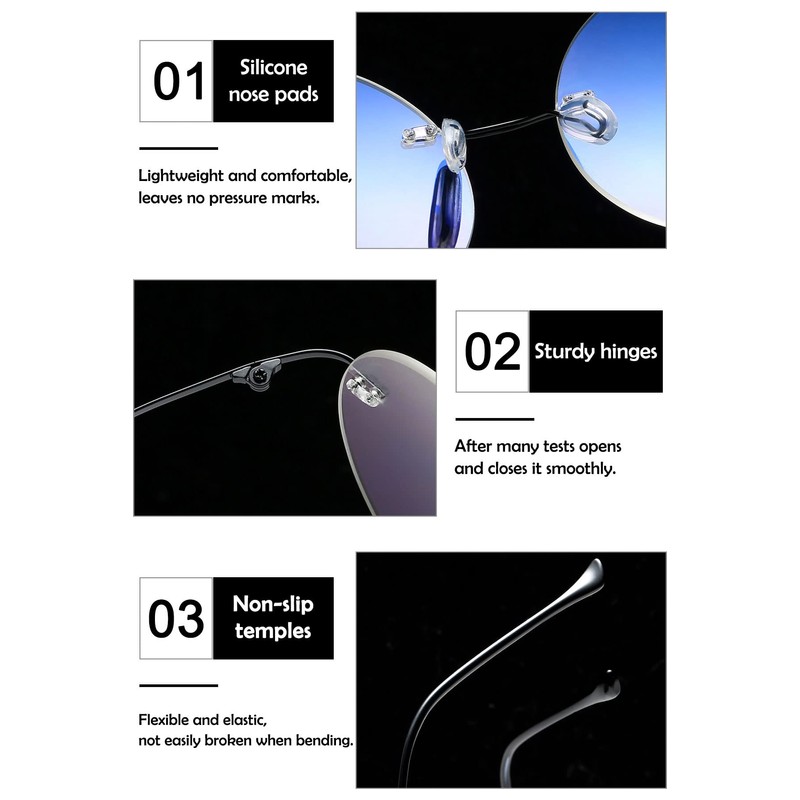 KOOSUFA Titanium Rimless Round Reading Glasses +3.0 Blue Light Blocking