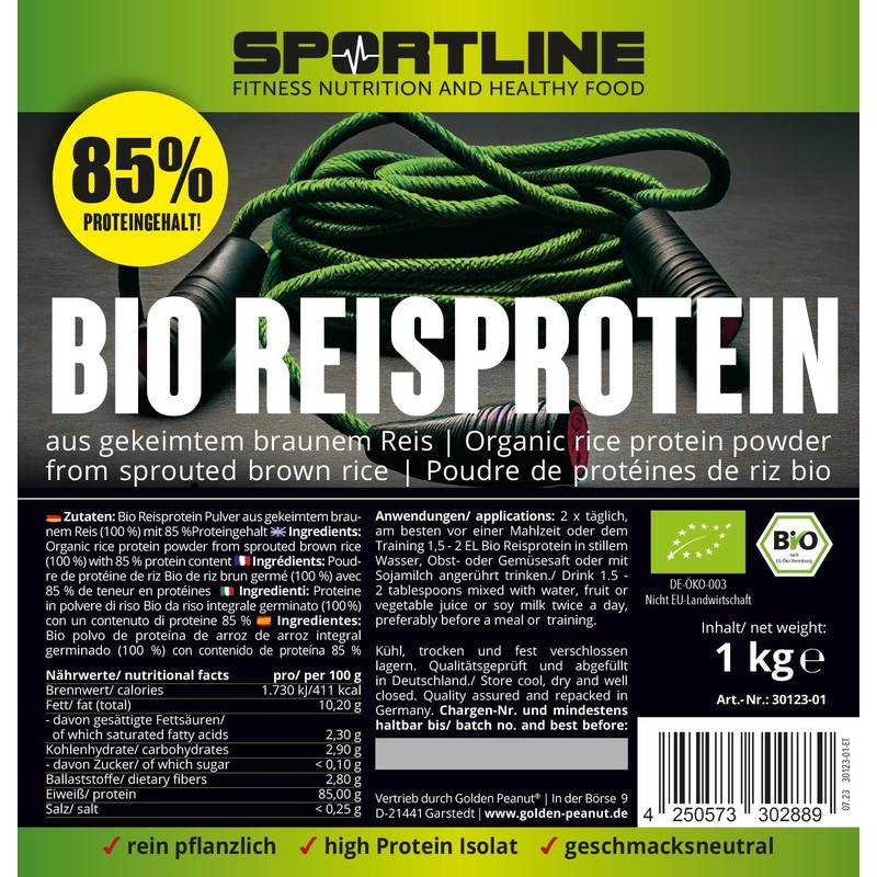 Sportline Organic Rice Protein 1 kg, 85% High Protein Content,