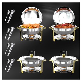 4-Pack 5QT Round Stainless Steel Chafing Dishes for Buffet with Elegant Gold Finish - Buffet Servers and Warmers, Catering - Includes Tongs and Spoons, Food Warmers for Parties, Weddings