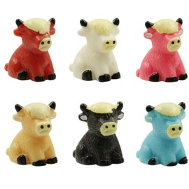 Haohaiblooms Mini Highland Cow Figurines - Cute Resin Cow Statues, Miniature Animal Sculptures, Fairy Garden Decor, Micro Landscape Ornaments, DIY Crafts, Gift for Animal Lovers（6Pcs Colors）