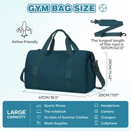 HYC00 Gym Bag Womens Mens Small Sports Duffle Bags with Shoes Compartment & Wet Pocket Weekend Travel Duffel Bag for Women Carry on Overnight Bags Lightweight Holdall Hospital for Yoga,Peacock Blue