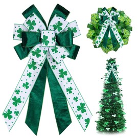 HIENAJ Large St. Patrick's Day Bows for Wreath, Green Shamrock Bow White Burlap Wreath Bows Holiday Irish Clover Tree Topper Bows for Front Door Saint Patrick's Day Decorations Supplies