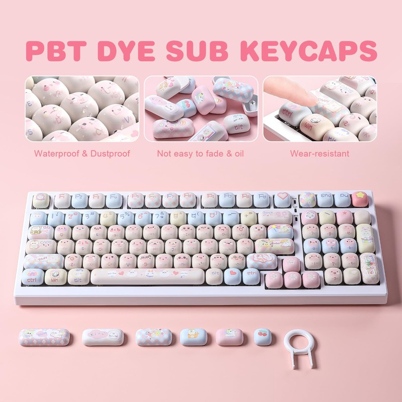 YUNZII Cute Pink Kitten Custom Keycaps, 141 Keys Dye Sub