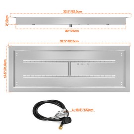 Onlyfire 30 x 10 Inch Drop-in Fire Pit Pan Kit, Rectangular Stainless Steel Propane Gas Firepit Pan with H Burner, Spark Ignition and Propane Hose Kit for Indoor or Outdoor DIY Fire Pit Fireplace