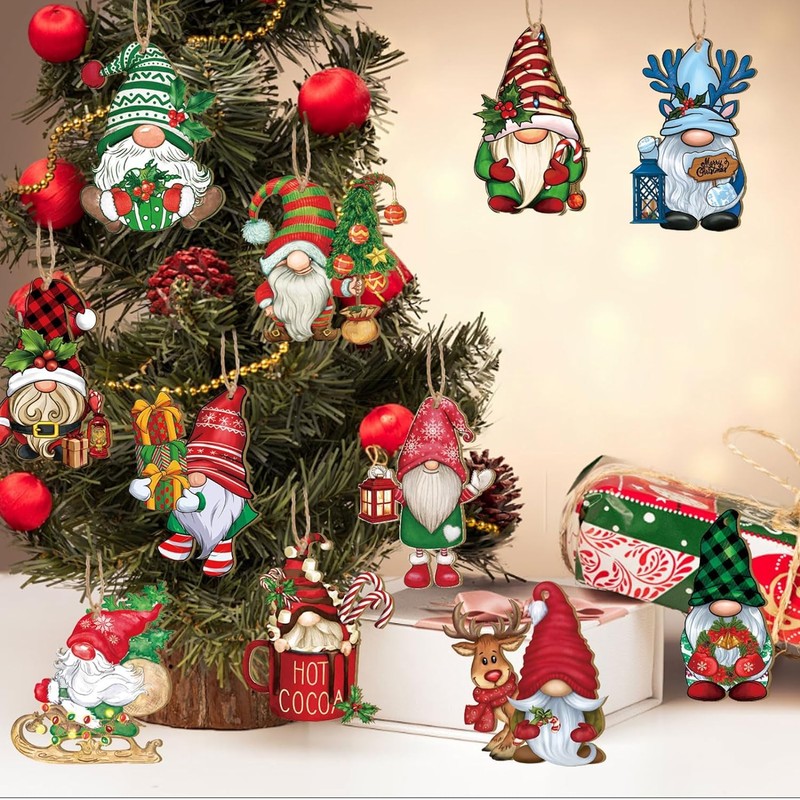 Fvviia 24pcs Christmas Gnome Wooden Hanging Ornaments,Gnome Wood Ornaments for