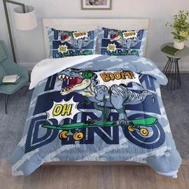 AILONEN Dinosaur Comforter Set, Twin Size, Bedding Set Decor, Music Hip Hop Dinosaur Bed in a Bag for Boys Kids - 3 Pieces Blue Comforter and 2 Pillowcases