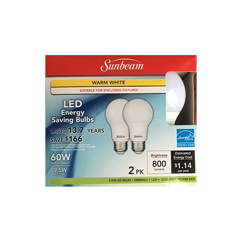 Sunbeam 60W LED DIMMABLE A19 Light 2 PACK, ENERGY STAR,
