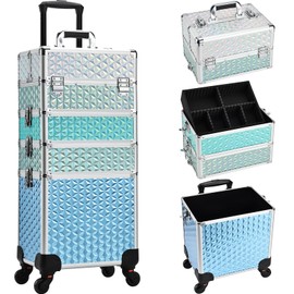 Adazzo Professional Rolling Makeup Train Case 4 in 1 Aluminum Trolley Case with 360° Rotation Wheels for Makuep Artist Cosmetic Suitcase Organizer with Lock and Key Diamond Pattern - Turquoise