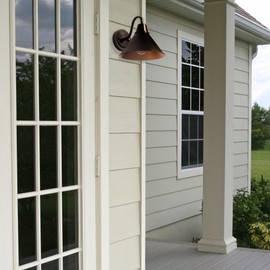 Globe Electric 60000013 1-Light Outdoor Wall Sconce, Bronze, 9" Warehouse Shade, Painted Gold Interior, Gooseneck Stem, Porch Light, Wall Lighting, Patio Décor