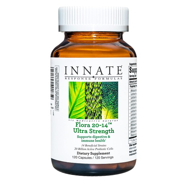 ​INNATE Response Formulas, Flora 20-14 Ultra Strength, Probiotic Supplement with 20 Billion CFU, 14 Probiotic Strains, Made without Dairy or Soy, Gluten Free, Vegan, 120 Caps​