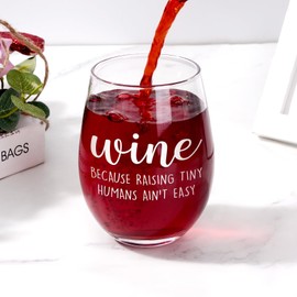 Futtumy Raising Tiny Humans Ain’t Easy Stemless Wine Glass, Mother’s Day Father’s Day Christmas Birthday Gag Gifts for Mom Dad New Parents New Mom Women from Kids Wife Husband, Funny Wine Glass, 17 Oz
