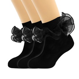 ANEETAFAN 3 Pairs Girls Black Ruffle Socks - Turn Cuff Lace Big Double Ruffle Socks Princess Dress Socks Cotton Anti-slip Ankle Socks for Kids （1-3T）