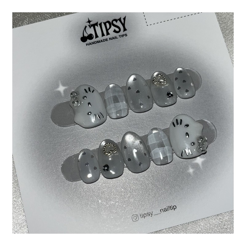 Silver Garo Kitty Handmade Nail Tips - Long Almond /