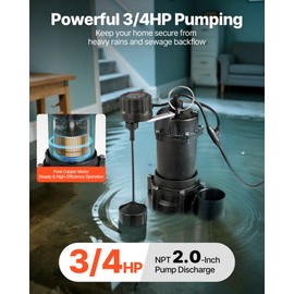 VEVOR Submersible Sewage Pump, 3/4 HP, 6000 GPH Cast Iron Sewage/Effluent Pump with Automatic Tethered Float Switch, 2-Inch NPT Discharge, 120V, 23 ft Max Lift, for Basement, Septic Tank, Residential