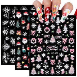 Christmas Nail Art Stickers 3 Sheets 5D Embossed Self Adhesive Nail Decals Snowflake Santa Claus Christmas Tree Elk Reindeer Bow Tie Designs Nail Stickers for Women DIY Manicure Supplies Holiday Gift