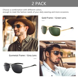 SUNGAIT Polarized Men's Sunglasses Durable Metal Frame for Fishing Driving Golf, Gold Frame/Dark Green Lens + Gunmetal Frame/Grey Lens