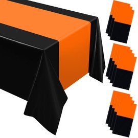 Oudain 12 Pcs Disposable Plastic Tablecloths 54" x 108" for Rectangle Tables Cloths Waterproof Table Cover for Graduation Baby Shower Wedding Birthdays Party Decoration (Orange,Black)