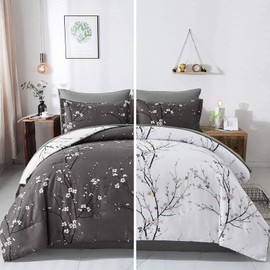 WONGS BEDDING 7 Pieces Comforter Set Full, Floral Bed in a Bag Comforter Reversible Flower Plum Bedding Set Full Size（1 Comforter,2 Pillowcase,2 Pillow Shames,1 Flat Sheet,1 Fitted Sheet）