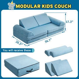 jela Kids Couch Safety Certified Play Couch Soft Kids Sofa with Machine Washable Cover Thick Foam Fort Building Set for Playroom Indoor (57"x28"x18", Baby Blue)