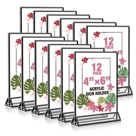 Acrylic Black Sign Holders 4x6, 12 Pack Wedding Black Table Number Holders, Double Sided Photo Display Picture Frame Paper Stand, Clear Flyer Stand Menu Holder for Wedding, Home, Party, Restaurant