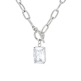 TaYolnFaSo Emerald-cut Imitation Diamond Pendant Paperclip Toggle Necklace Chunky Paperclip Chain White CZ Necklace April Birthstone Jewelry Birthday Gift for Women