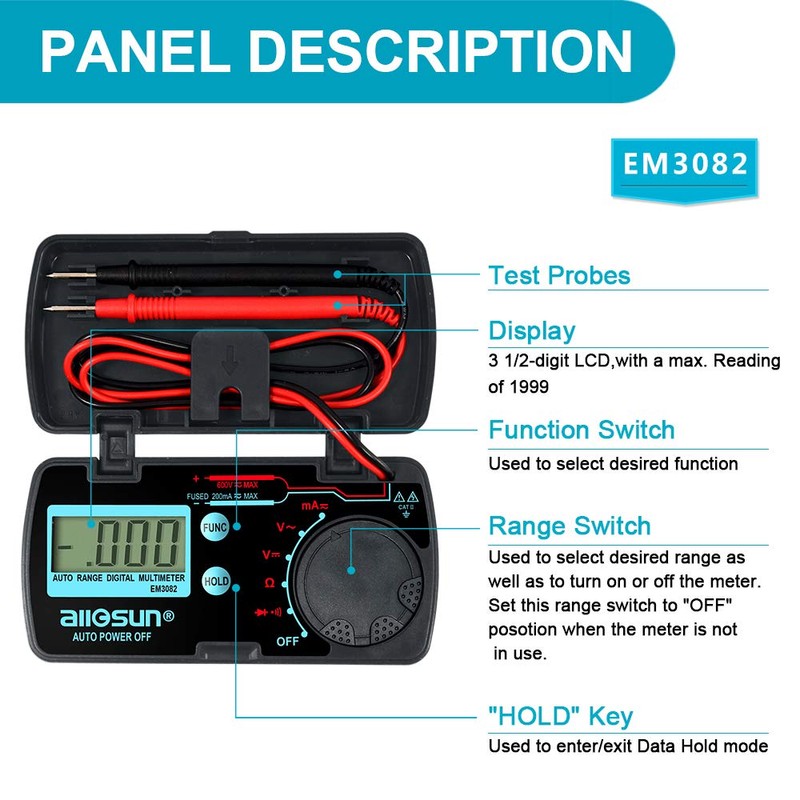 allsun Mini Auto Range Digital Multimeter AutomotiveTester AC DC Volt