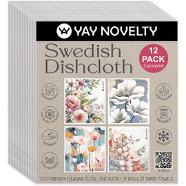 YAY NOVELTY 12 Pack German Swedish DishCloths, Paper Towels Alternative - Washable, Eco-Friendly Cellulose Sponge Dish Cloths, Reusable Cleaning Cloths - Kitchen Essentials - Flower