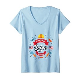 Womens Happy Labor Day Celebration Patriotic Tools & American Flag V-Neck T-Shirt
