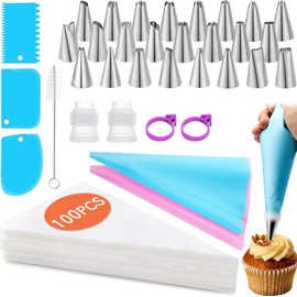 134 Piezas Kit de Reposteria y Pasteleria, 24 Boquillas De Acero Inoxidable, 100 Mangas Desechables,2 Manga Pastelera Reutilizable, 3 Raspador de Pastel, 2 Convertidores, 1 Cepillo de Limpieza